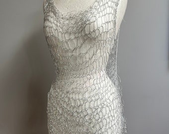 Beach cover, crocheted vegan silk. Silver. Beach dress, over dress, mesh dress