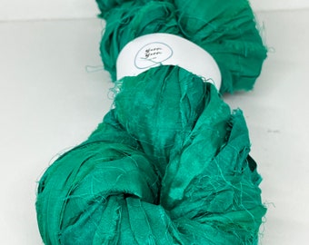 Silk sari ribbon, 5 metre skein. Emerald. Weaving, eco gift wrap, knit art, crochet,  jewelry making. Scrapbooking. Yarn arts.