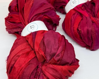 Recycled Sari Silk Ribbon Yarn, Garnet Red, Knitting Crochet Crafting Supplies