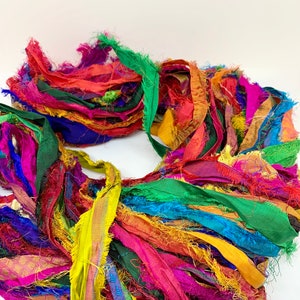 Sari silk ribbon, Beautiful quality very vibrant ribbon yarn. 5 METRE eyelash ribbon, textured ribbon. Weaving, knitting, fiber arts.