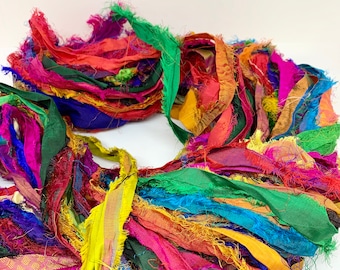 Sari silk ribbon, eyelash, pot luck colourway, 10 metre bundle, recycled silk sari, yarn crafts.
