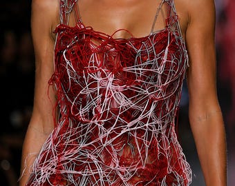 Wild, Rebellious Red Crochet Satin Cord Dress | Wearable Art Couture | Statement Fashion | Event Costume Clothing.
