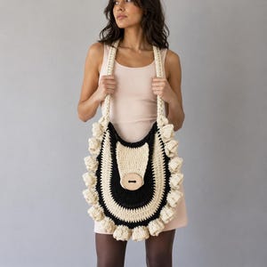 Handmade Crochet Bag, Oversized Ruffle Shoulder Purse, Sculptural Fibre Art, Boho Statement Accessory
