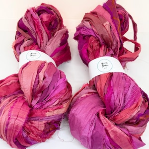 Recycled sari silk ribbon. Ribbon yarn. 40 metres. Crimson and pink medley. Weaving, eco gift wrap, weaving, crochet art, knitting