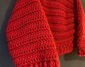 Oversized super soft sweater. Red. Luxury knitwear. Handmade crochet couture. Julie Colquitt as seen on runway at NYFW and Vogue.