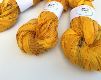 Sari silk ribbon, 10 METRE bundle, knit, crochet, journal making, beautiful golden yellow. Art yarn, knitting ribbon, ethical yarn.