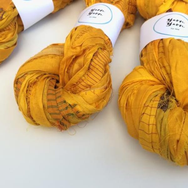 Sari silk ribbon, 5 METRE bundle, knit, crochet, journal making, beautiful golden yellow. Art yarn, knitting ribbon, ethical yarn.