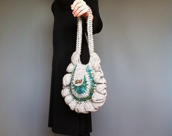 Oatmeal white and recycled silk sari emerald green yarn handcrafted tote. Unique wearable art.