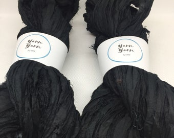 Recycled Sari Silk Ribbon Yarn, Black, Handmade Art Yarn for Jewellery Making, weaving and fibre arts. 100g, 40m
