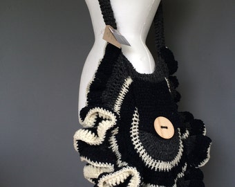 Innovatove knitwear. Scottish Tweed aran large shoulder bag. Handmade in Scotland. Crochet bag. Exclusive Bespoke Design