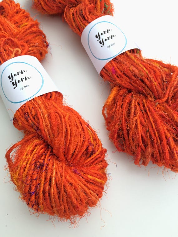 1 Quality Orange Color Recycled Soft Silk Sari Knit Crochet Yarn 500 Grams