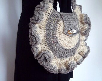 Scottish crocheted bag in Hebridean wool. Lined in silk. Sustainable gifts. Tote.