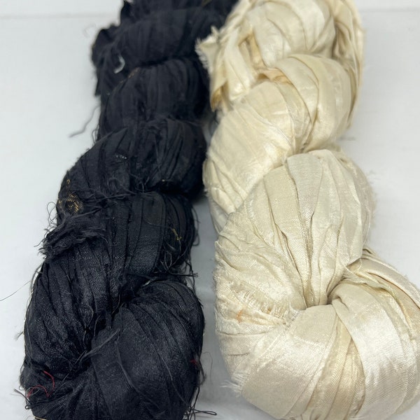 Sari silk ribbon. 2 x 5 METRE bundle. Ivory and black. Handmade from recycled pure sari silk waste.