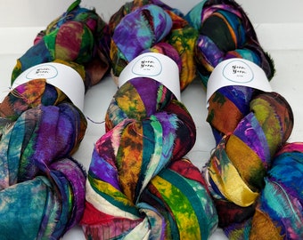 Sari silk ribbon. Tie dyed bold and rich colors. WIDE STRIPS. Handmade from waste silk. 10 METRES