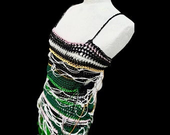 Satin cocktail dress. Crocheted art dress. Slow fashion handmade knitwear. Ready to ship