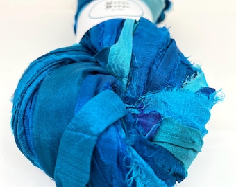 Sari silk ribbon, 5 metre bundle, superior quality, turquoise. Knitting, crochet ribbon, eco yarn. Jewelry making, sari ribbon.
