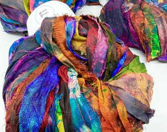 Handgemaakt tie-dyed sari-zijdelint Garen: 5 m, 100% zijde voor creatieve garenprojecten.