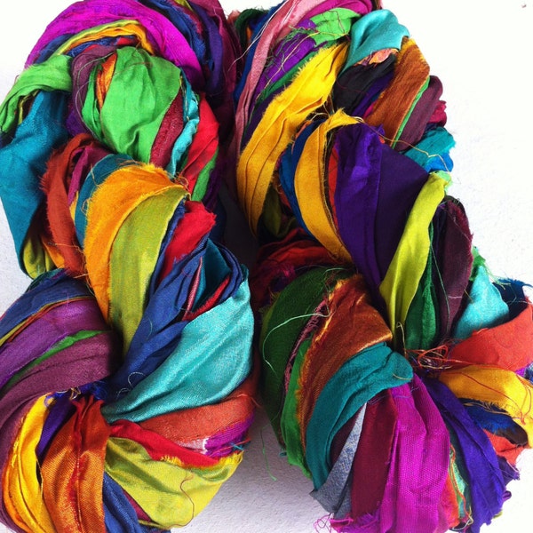 Multicolored sari silk ribbon. Art yarn. Silk ribbon. Beautiful bright hues of color. Inspirational, unique and magical.