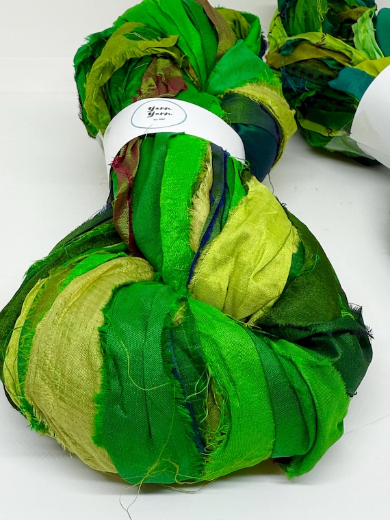 Silk sari ribbon, enchanted green, weaving ribbon, eco gift wrapping, ribbon yarn, basket making, rug making, crochet, knitting, 10 metres