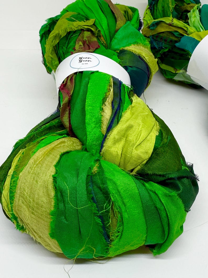 Silk sari ribbon, enchanted green, weaving ribbon, eco gift wrapping, ribbon yarn, basket making, rug making, crochet, knitting, 10 metres image 1