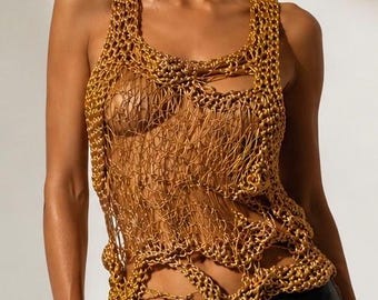 Gold satin vest top. Artistic crocheted top.  Julie Colquitt, as seen in Vogue and NYFW. Tank top. Postmodern knitwear.