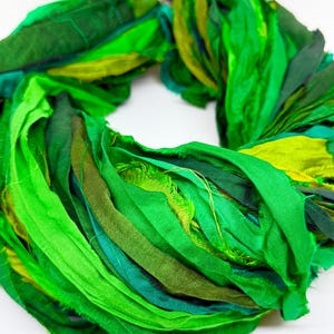 Silk sari ribbon, enchanted green, weaving ribbon, eco gift wrapping, ribbon yarn, basket making, rug making, crochet, knitting, 10 metres image 3