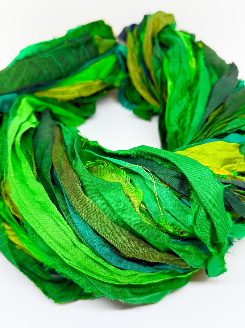 Silk sari ribbon, enchanted green, weaving ribbon, eco gift wrapping, ribbon yarn, basket making, rug making, crochet, knitting, 10 metres image 3