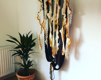 Wool textile sculpture for creative walls. Wall hanging, textile art, ethical yarn, copper dowel. Home decor.