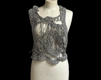 Silver vest top. Silver satin crocheted vest. Julie Colquitt, as seen in Vogue and NYFW. Tank top. Modern knitwear.