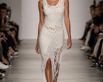 Crochet Cotton Maxi Dress: Asymmetrical Freeform Couture Fashion Pure White.