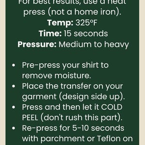 May include: Instructions for heat pressing a garment, including temperature (325&deg;F), time (15 seconds), and pressure. The steps include pre-pressing, applying the transfer, cold peeling, and re-pressing for a smooth finish. The brand name is "fourth & threads."