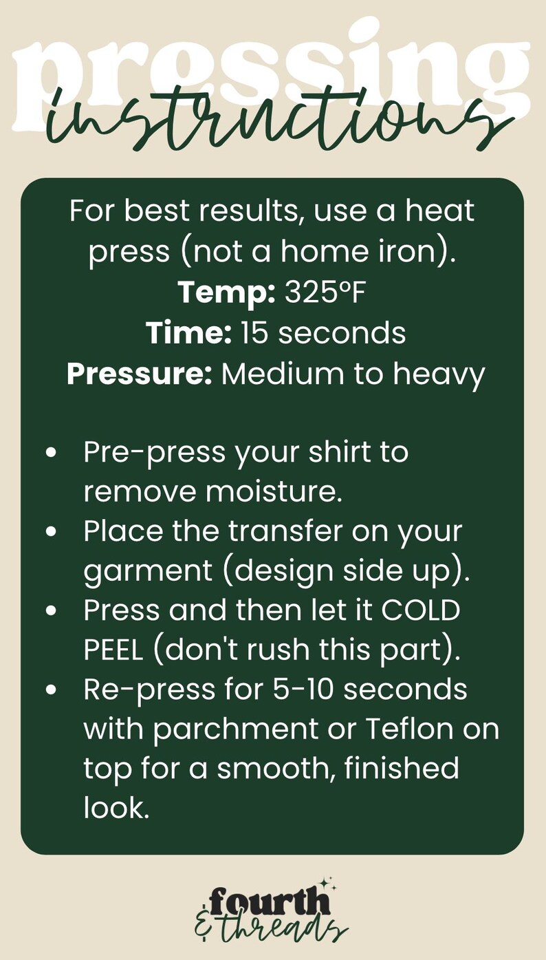 May include: Instructions for heat pressing a garment, including temperature (325&deg;F), time (15 seconds), and pressure. The steps include pre-pressing, applying the transfer, cold peeling, and re-pressing for a smooth finish. The brand name is "fourth & threads."