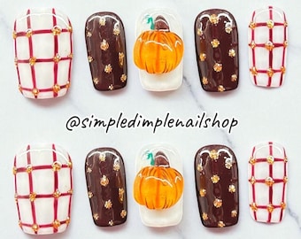 Fall Press On Nails: Custom Leaves, Pumpkins & Glitter Design