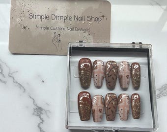 Handcrafted Autumn Press-On Nails: Gold Glitter, Floral Stamping
