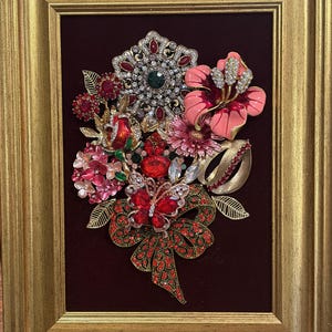 Jeweled Art: Floral Bouquet in colors of Red, Pink, Peach-Coral and Gold.