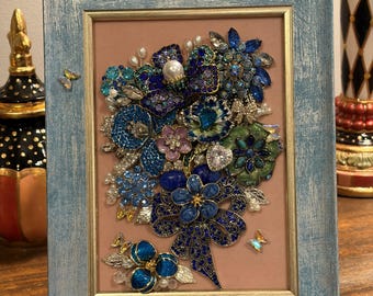 Blue Washed Frame Brooch Bouquet, Blue Purple Green Rhinestone Flowers, OOAK Wall Art