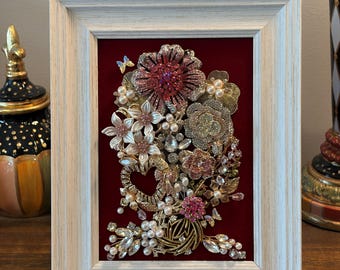 Framed Bouquet in Pinks, Creams and Gold adorned with brooches, Rhinestones and mixed media