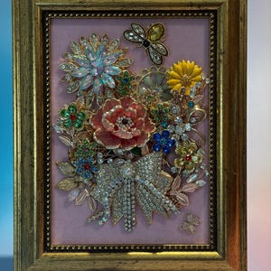 Jeweled Art: Floral Bouquet with Multiple colors in a 5x7 Gold Frame