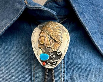 CHIEFS HEAD Bolo Tie w/ Leather Cord, Silver Color Likely Nickel, Brass, Faux Turquoise, Coral | Statement Jewelry Southwestern Native Style