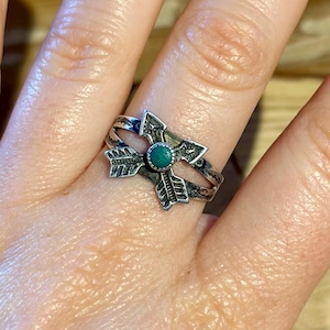 FRED HARVEY Vintage 40s/50s Turquoise & Silver Friendship Arrows Ring | 1940s 1950s Navajo Native American Southwestern Jewelry | Size 7 1/4
