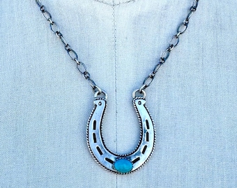HAROLD TAHE NAVAJO Silver & Turquoise Horseshoe Necklace | H Hallmark | Horse Girl | Sterling Pendant l Native American Southwestern Jewelry