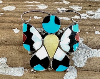 TAKING FLIGHT Allison Dishta Inlay Butterfly Zuni Ring | Native American Southwestern Jewelry | Silver, Turquoise Spiny Oyster | Size 5 & 9