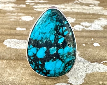 CRIES IN TURQUOISE Large Sterling Silver & Turquoise Ring | Tear Drop Stone Statement Jewelry | Southwestern Style Turquoise | Size 6 1/2