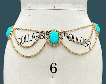 SCARAB BELT Vintage 60s/70s Waist Belt Turquoise Resin Scarab, Gold Toned Chain Belt | Deadstock, Ornate Circle Pendant With Dangle Chain