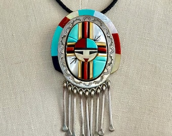 RONNIE CALABAZA Zuni Sun Face Inlay Silver Brooch & Necklace, Pendant Pin | RC Hallmark, Turquoise MoP Coral |  Native American Jewelry