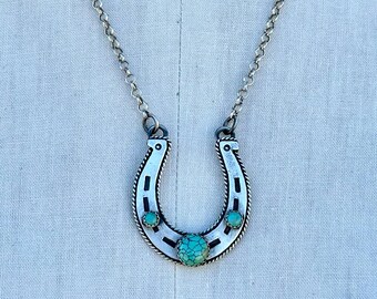 NAVAJO Silver & Triple Turquoise Horseshoe Necklace | R Hallmark | Horse Girl | Sterling Pendant l Native American Southwestern Jewelry