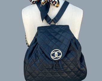 COCO CHANEL Vintage 80s 90s Black Lambskin Quilted Leather Cavier Backpack | 1980s 1990s Large Handbag Shoulder Bag Purse * AUTHENTICATED *