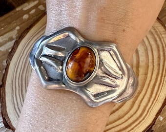 VINTAGE AMBER GLOW 80s Mexican Silver Cuff | 1980s Made in Mexico | Sterling 925 Bracelet | Repousse Design | Vintage Artisan Jewelry