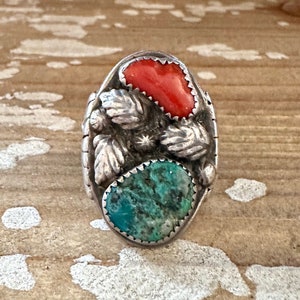 NEVER LEAVES Vintage Handmade Navajo Men's Ring Sterling Silver, Turquoise, Coral Native American Jewelry Southwestern Size 10 image 1