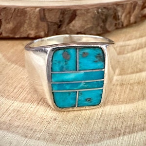 OPEN OCEAN Turquoise & Sterling Geometric Inlay Ring Mens Native American Handmade Ring Sterling Silver Southwestern Jewelry Size 11 image 1